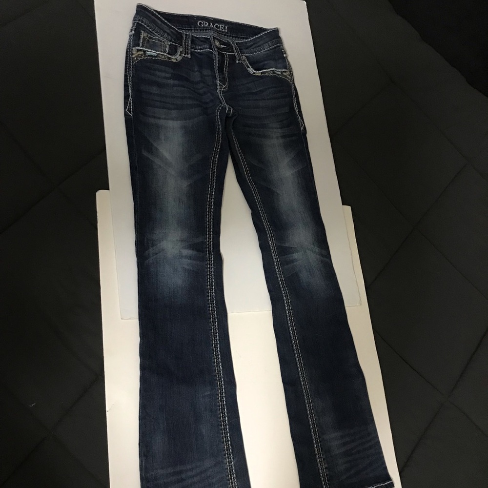 Grace in LA Women’s Size 25 Dark Wash Boot Cut Jeans W/ Embellished Flap Pockets